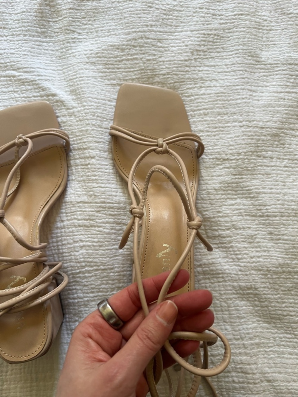 Women's Neutral Strappy Square-Toe Block Heel Sandals - Beige